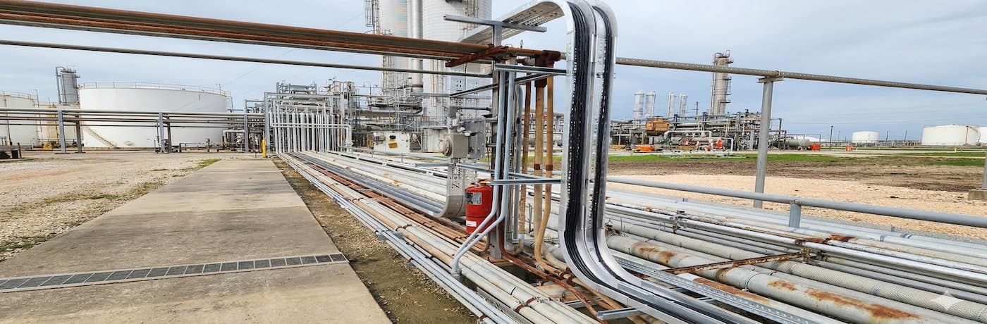 Snap Track aluminum channel cable tray installed on parallel instrument cable runs at a Gulf Coast petrochemical facility